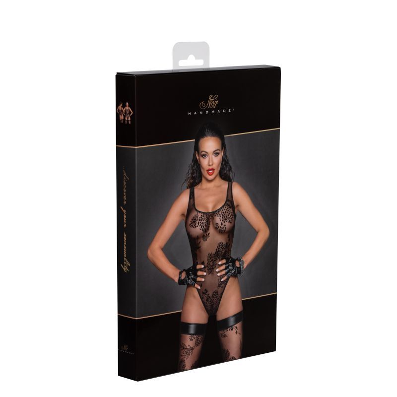 Tulle Bodysuit w Patterned Flock Embroidery-F242-BLK-S