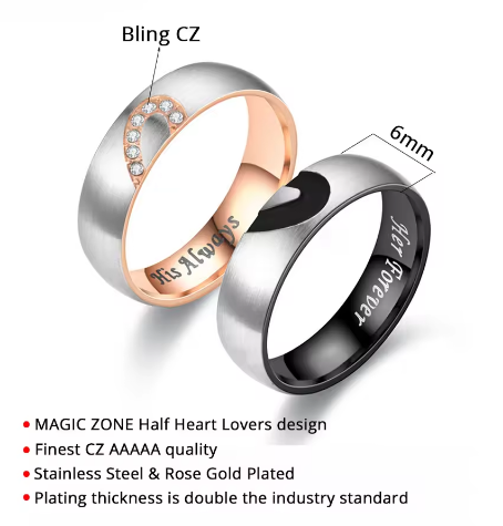Couples Rings Stainless Steel - Rose Gold/Black Color Heart