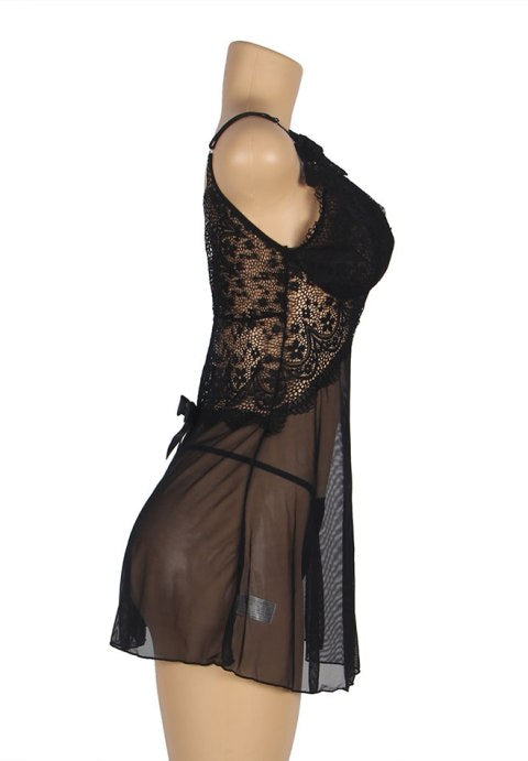 V Neck Black Lace Stitching Strap with Flower Babydoll-OYR81130-1N