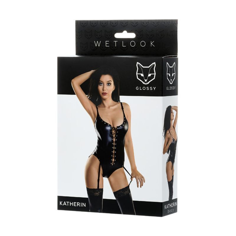 Glossy Wetlook Lace Up Bodysuit Katherin-955019-L