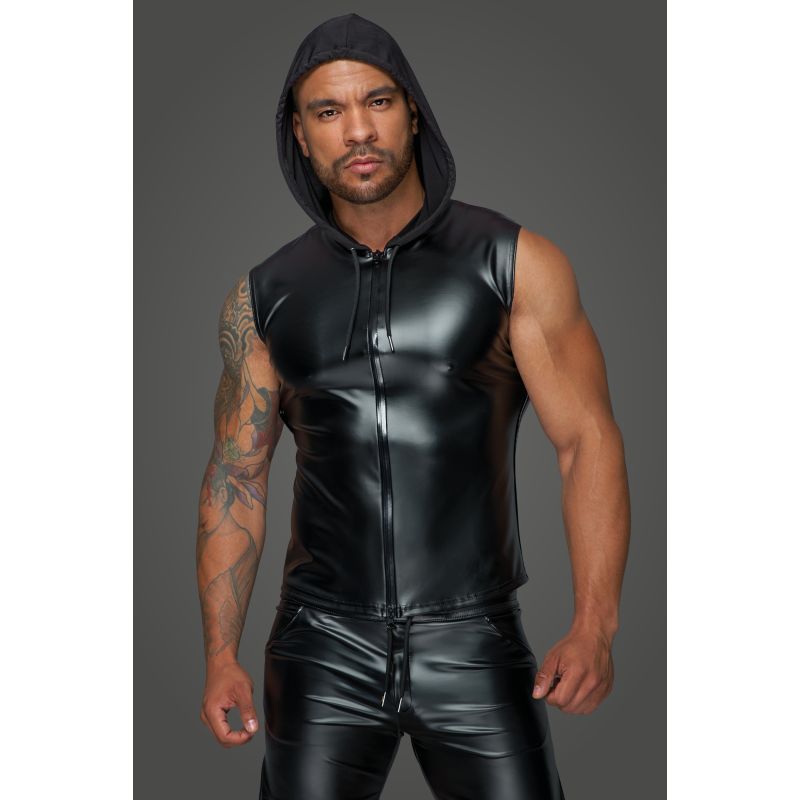 Powerwetlook Sleeveless Hooded Shirt w 2 Way Zipper-H062-BLK-M