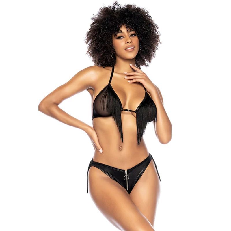 Fringe Halter 2 Pc Set Black-M2739-BLK-L/XL