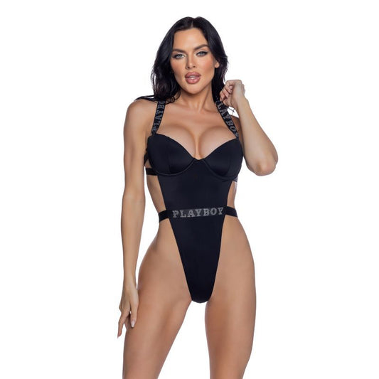 PlayBoy Black High-Leg 1 Pc Swimsuit with Rhinestone Logo-PBS106-Blk-XS