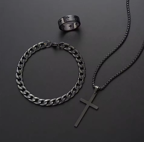 3pcs Set Men's Stainless Steel Metal Cross Pendant Chain Necklace Bracelet