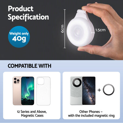 Devanti Magnetic Selfie Light Foldable LED Ring Fill Phone Light CRI95 White