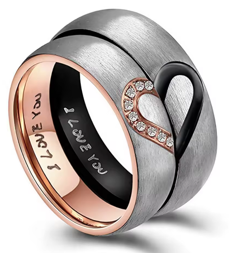 Couples Rings Stainless Steel - Rose Gold/Black Color Heart