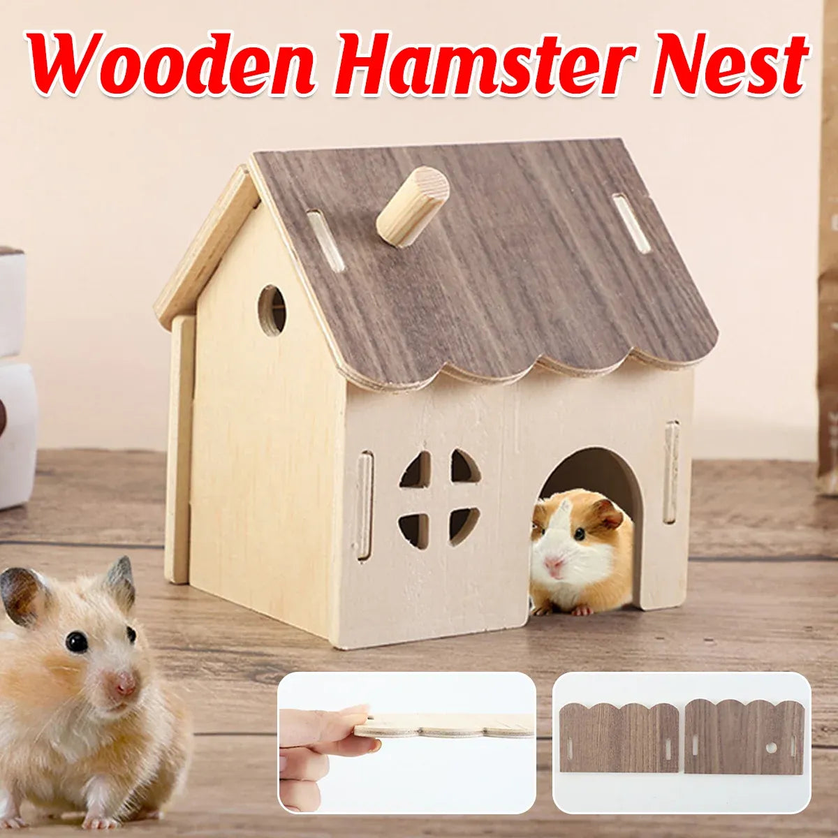 Wooden Hamster House Guinea Pig Hideout Hut Small Animal Shelter Durable Sturdy