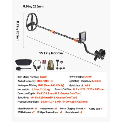 Metal Detector for Adults, 254 mm, Professional High Accuracy Gold Detector, IP68 Waterproof Search Coil with Display, Headphones, 5 Modes, Adjustable Length, for Detecting Gold Treasure Hunting