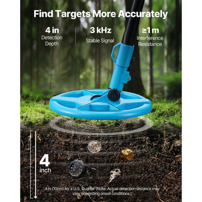 Metal Detector, 101.6 mm, Lightweight Metal Detector with LCD Display, 152.4 mm IP68 Waterproof Search Coil, Adjustable 650-930 mm Gold Detector, Easy to Use, for Detecting Gold Exploration