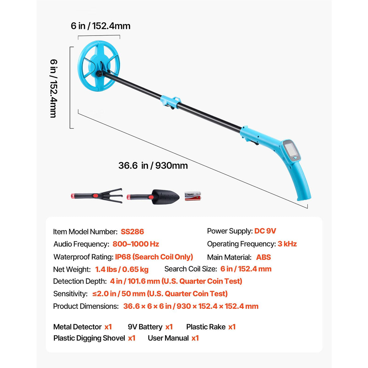 Metal Detector, 101.6 mm, Lightweight Metal Detector with LCD Display, 152.4 mm IP68 Waterproof Search Coil, Adjustable 650-930 mm Gold Detector, Easy to Use, for Detecting Gold Exploration
