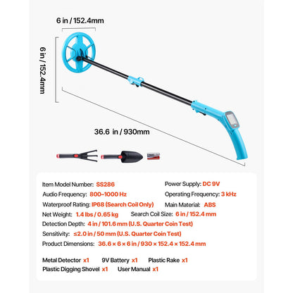 Metal Detector, 101.6 mm, Lightweight Metal Detector with LCD Display, 152.4 mm IP68 Waterproof Search Coil, Adjustable 650-930 mm Gold Detector, Easy to Use, for Detecting Gold Exploration