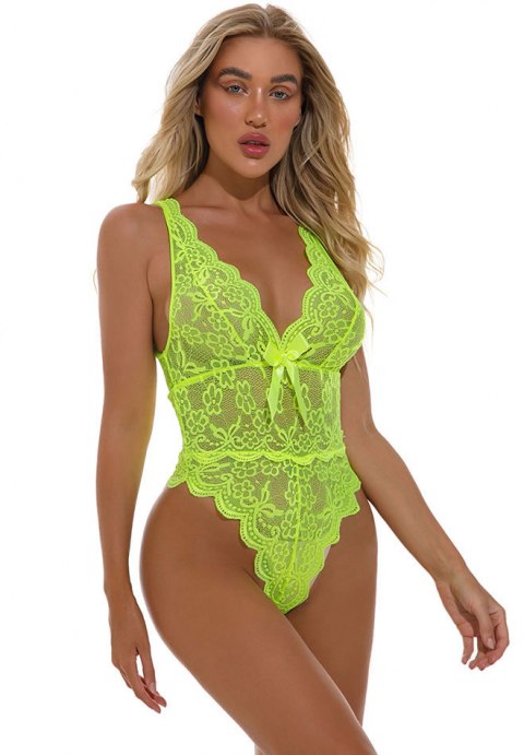 Neon Lime Floral Lace Scallop Trim Teddy Bodysuit-ZL4072