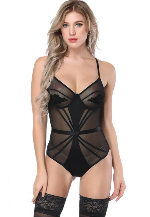 Black Mesh Zipper Teddy-WKD1801